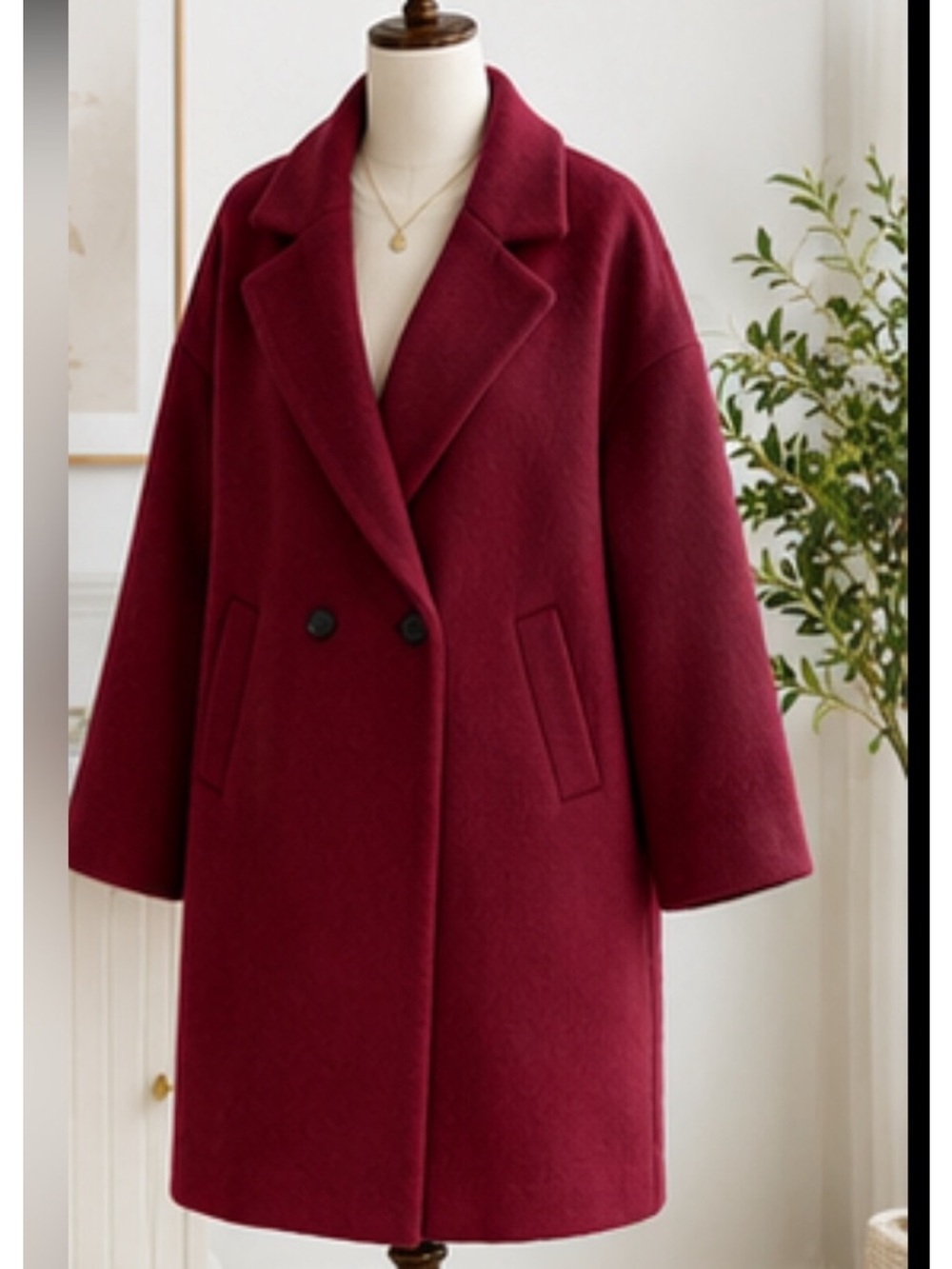 MNG Wool Blend Oversized Burgundy Double-Breasted Pea Coat Size Small